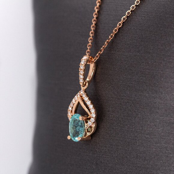 Afghan Paraiba Color Tourmaline Pendant in 14K Rose Gold with Natural Diamonds - Picture 4 of 8